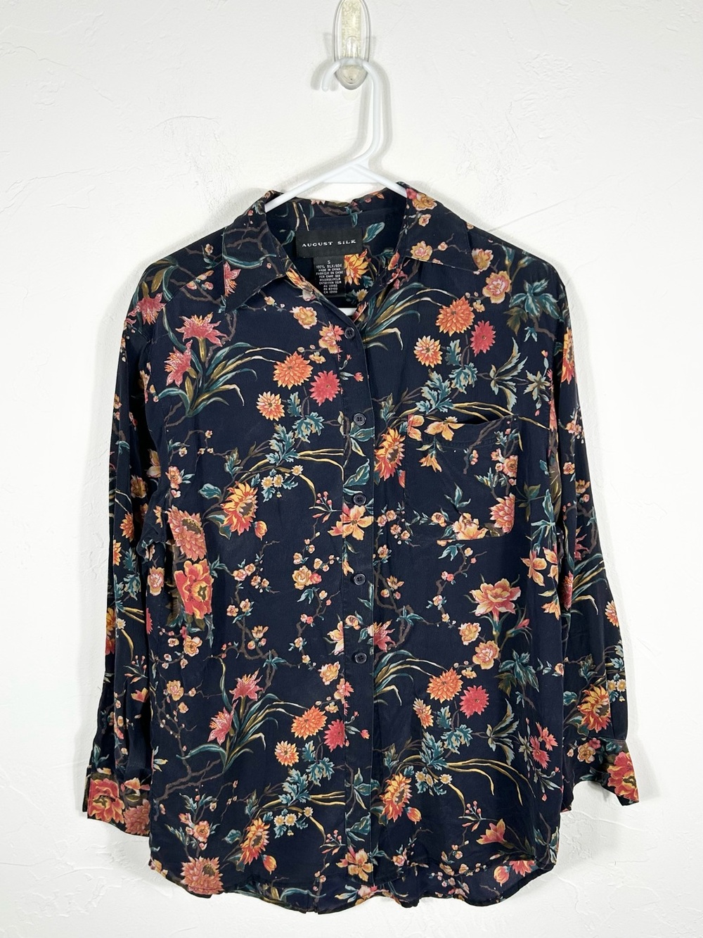 August Silk 100% Silk Dark Floral Button Down Blouse Size S